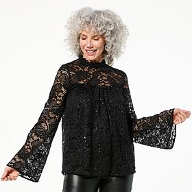 Tower Hill by Christie Brinkley Sequined Lace Bell Sleeve Blouse