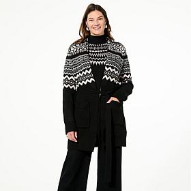 TWRHLL by Christie Brinkley Fair Isle Sweater Knit Belted Coatigan