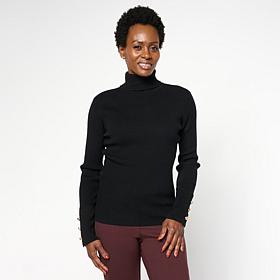 TWRHLL by Christie Brinkley Knot Button Rib Knit Turtleneck Sweater