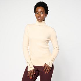 TWRHLL by Christie Brinkley Knot Button Rib Knit Turtleneck Sweater
