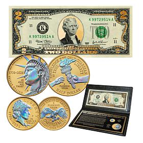 USA 250th Anniversary Gold-Plated and Hologram Coins and Currency Set