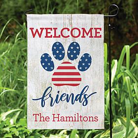 Welcome Friends Patriotic Paw Print Personalized Garden Flag