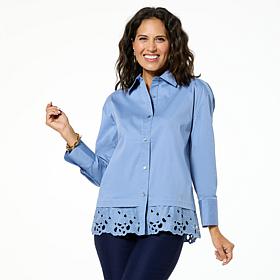 WynneCollection Cotton-Blend Poplin Top with Lace Hem