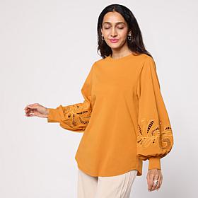 WynneCollection Embroidered Eyelet Sleeve Shirt 