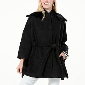 WynneCollection Faux Fur Collar Button-Front Drama Poncho
