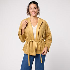 WynneCollection Perforated Bonded Faux Suede Belted Jacket