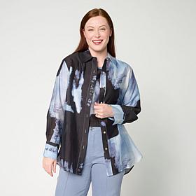 WynneCollection Printed Woven Long-Sleeve Collared Shirt